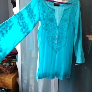 L' Habilleur Aqua Lg Sleeve Embroidered Beach/Cover Up. Size US 10-12 Eur 42 NWT